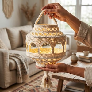 May include: A cream-colored crocheted lantern featuring an intricate lattice pattern on the upper section and arched cutouts around the center. The lantern is illuminated by internal string lights and finished with a decorative tassel and beads.