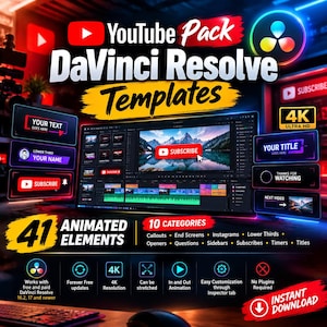 Peut inclure: Un pack numérique de 41 modèles animés pour DaVinci Resolve incluant des callouts, des tiers inférieurs et des écrans de fin. L'affichage montre une interface de montage vidéo en résolution 4K Ultra HD avec des textes et un bouton YouTube.