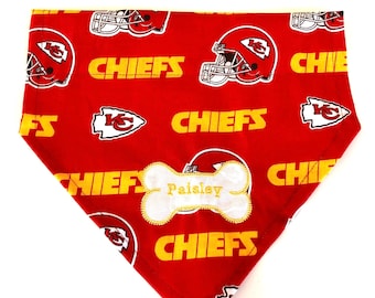Personalized Kansas City Chiefs Dog Bandana, Football Pet Gift, slides through the dog's collar