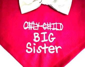 Big Sister Dog Bandana: Fushsia    Gender Reveal Photo Prop, gray chevron bow tie,  slides through the dog collar.