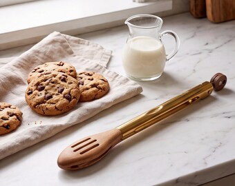 Op de afbeelding: Een keukentang met een handvat van gepolijst goudkleurig metaal en een sleufkop van lichtbruin hout. Het gereedschap ligt naast een kleine glazen kan gevuld met witte melk en verschillende ronde koekjes met chocoladestukjes op een doek.