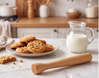 Op de afbeelding: Een lichtbruine houten stamper met een getextureerde, gekartelde kop ligt op een wit marmeren oppervlak naast een keramisch bord gevuld met goudbruine koekjes met chocoladestukjes en een doorzichtige glazen kan met witte melk.