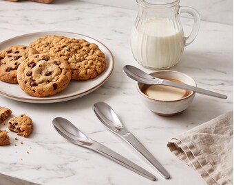 Op de afbeelding: Drie gepolijste roestvrijstalen lepels op een wit marmeren oppervlak naast een bord met chocoladekoekjes, een kleine glazen kan gevuld met melk en een klein keramisch kommetje met een lichtgekleurde vloeistof.