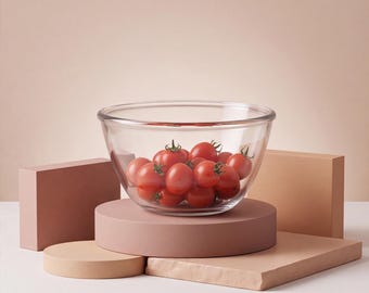 Op de afbeelding: Een ronde mengkom van helder glas gevuld met een tros kleine, felrode cherrytomaatjes met groene steeltjes. De kom heeft een glad, transparant oppervlak en een brede rand, waardoor de verse producten in de kom goed zichtbaar zijn.