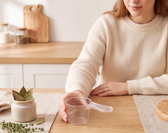 Op de afbeelding: Een doorzichtige kunststof maatbeker met een handvat en schaalverdeling aan de zijkant. De beker is cilindervormig en ontworpen voor het afmeten van vloeibare of droge ingrediënten tijdens het koken of bakken in de keuken.