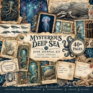 May include: A digital junk journal kit titled Mysterious Deep Sea featuring over 40 pages of vintage ephemera. The collection includes illustrations of a giant squid, jellyfish, whale skeleton, mermaids, and sea life with aged paper textures.