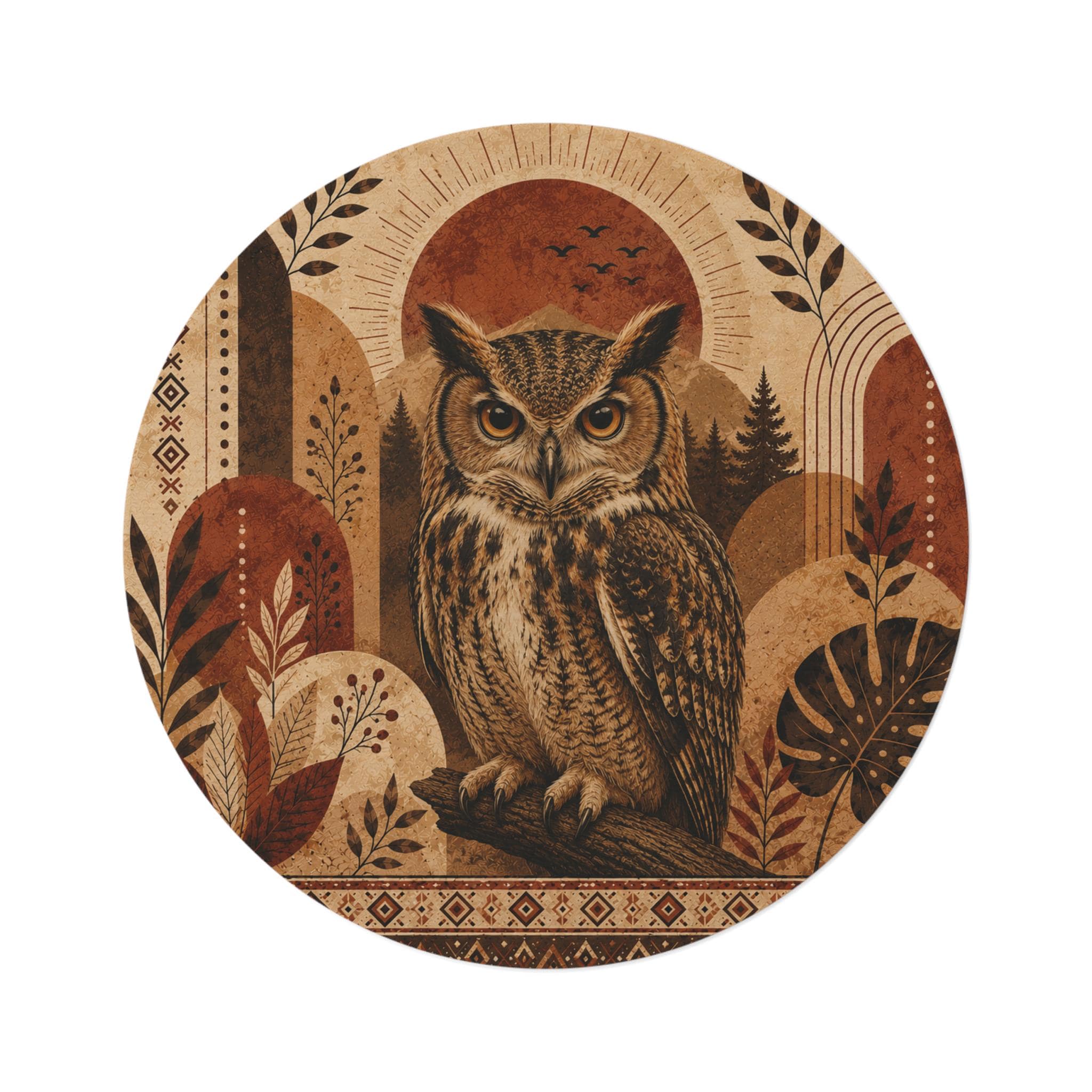 Owl Round Rug, Vintage Boho Rug, Woodland Area Rug, Rustic Animal Floor Decor