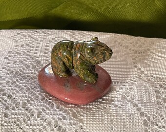 Unakite Carving Of A Bear Perched On Rhodonite