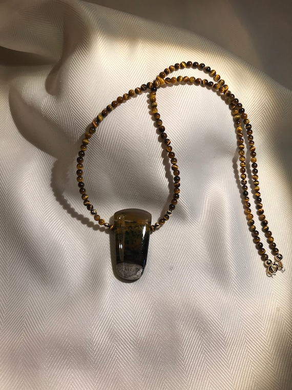 Jasper Pendant And Tiger Eye Beaded Vintage Neckla