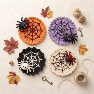 May include: Four round crochet coasters featuring spider web patterns in orange, purple, black, and cream. Each coaster includes a small, attached plush spider with distinct colors and facial details, arranged with autumn leaves and keys.