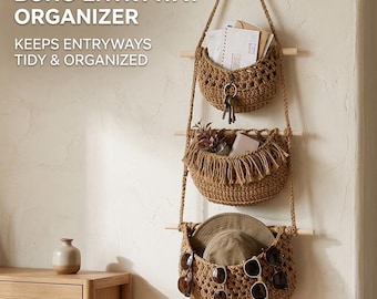 Handgefertigter, dreistöckiger Häkel-Hängekorb im Boho-Stil – Küchenorganizer, Wandaufbewahrung für Eingangsbereich, Einzugsgeschenk für Sie
