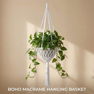 May include: A white macrame hanging basket featuring a knotted cord design that holds a potted plant with green leaves. The structure includes a central basket section, long support cords meeting at a top ring, and a decorative tassel at the bottom.
