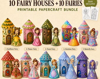 Printable Fairy House Craft Bundle, 10 Houses and Fairies, Kids Paper Craft PDF, Coloring Pages