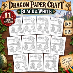 May include: A collection of 11 black and white paper craft dragon templates on A4 size PDF sheets. Each sheet features line art components for assembling a dragon, including wings, heads, and tails. The text reads Dragon Paper Craft Black & White.