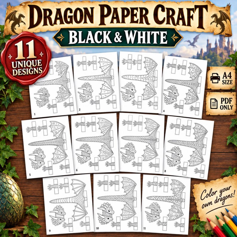 May include: A collection of 11 black and white paper craft dragon templates on A4 size PDF sheets. Each sheet features line art components for assembling a dragon, including wings, heads, and tails. The text reads Dragon Paper Craft Black & White.