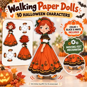 Può includere: Set di bambole di carta camminanti 10 personaggi di Halloween con una ragazza dai capelli rossi in un abito arancione a tema zucca. Include versioni a colori e in bianco e nero, più un meccanismo per piedi mobili. Testo: Walking Paper Dolls.