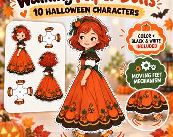 10 Halloween Walking Paper Dolls Printable Moving Craft for Kids Digital Download