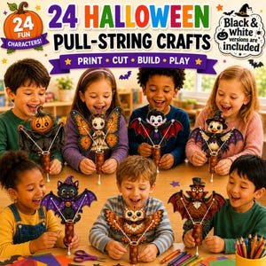 May include: A set of 24 Halloween pull-string crafts featuring printable characters like a pumpkin, butterfly, vampire, bat, cat, owl, and turkey. The kit includes instructions to print, cut, build, and play, with black and white versions included.