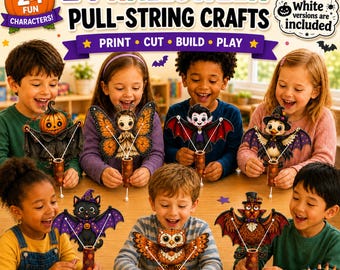 Op de afbeelding: Een set van 24 Halloween trekkoord-knutselwerkjes met printbare figuren zoals een pompoen, vlinder, vampier, vleermuis, kat, uil en kalkoen. De set bevat instructies om te printen, knippen, bouwen en spelen, inclusief zwart-wit versies.
