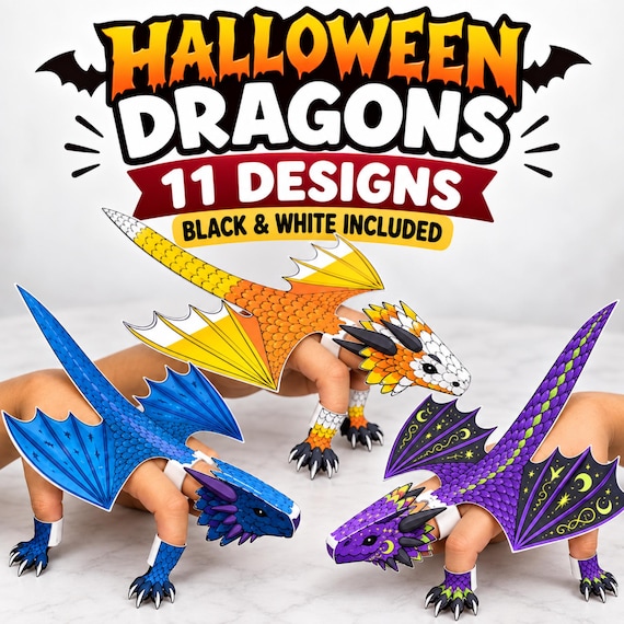 Halloween Dragon Paper Craft Bundle, 11 Wearable Hand Dragon Puppets, Printable Kids Craft & Coloring Pages, A4 PDF Download