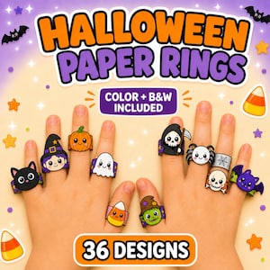 May include: A set of Halloween paper rings featuring 36 designs in color and black and white. The rings display cartoon characters including a black cat, witch, pumpkin, ghost, candy corn, grim reaper, spider, skull, and bat on fingers.
