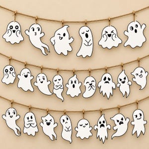 May include: A decorative garland featuring three horizontal jute twine strings. Attached to the strings with small wooden clips are numerous white ghost cutouts, each displaying a unique black-lined facial expression and pose.