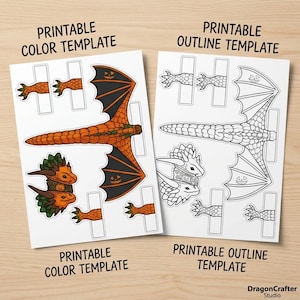 May include: Two printable paper craft templates featuring a dragon design. The left sheet is a colour version with orange and black dragon parts, while the right sheet is a black and white outline version. Both include wings, heads, and claws.