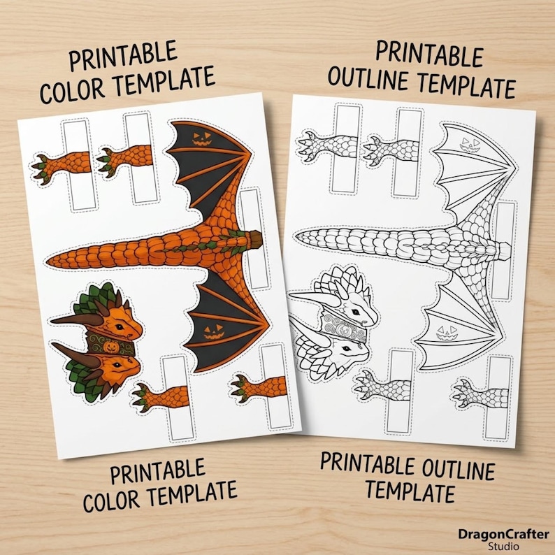 May include: Two printable paper craft templates featuring a dragon design. The left sheet is a colour version with orange and black dragon parts, while the right sheet is a black and white outline version. Both include wings, heads, and claws.