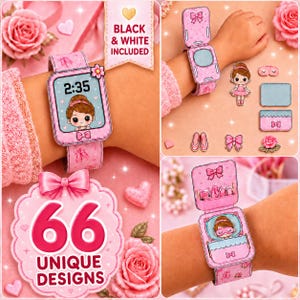 May include: A pink toy watch with a digital screen display showing a cartoon character and the time 2:35. The watch features interchangeable decorative elements including a ballerina, bows, shoes, and a rose. Text reads BLACK & WHITE INCLUDED.