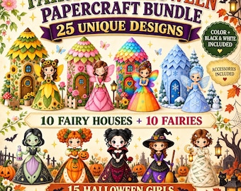 Fairy and Halloween Papercraft Bundle, Printable Fairy Houses & Girls, Paper Craft PDF Download