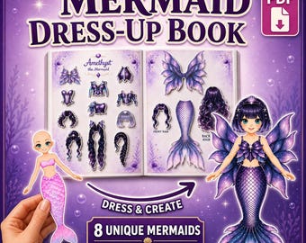 Printable Mermaid Dress-Up Book, 8 Mermaid Paper Dolls, Mix and Match Outfits, Kids Cut and Paste Craft PDF, Coloring Pages