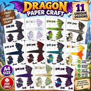 May include: A digital dragon paper craft kit featuring 11 unique designs on A4 size pages. The set includes printable components for assembling various colourful dragons with distinct patterns, wings, and tails, presented as a PDF collection.