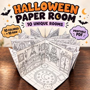 以下が含まれることがあります： ハロウィーンのペーパーハウス工作キット。カラーと白黒の10種類のユニークな部屋がセットになっています。印刷可能なPDFには、ベッド、ラグ、窓などが描かれた詳細な線画が含まれており、紙を折りたたんで立体的に組み立てる構造になっています。
