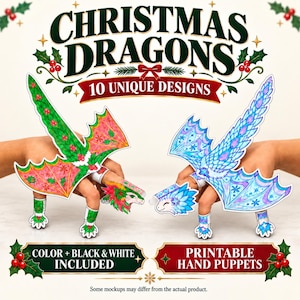 Könnte beinhalten: Zwei Papier-Handpuppen in Drachenform, eine grün-rot mit Stechpalmenmustern und eine blau mit Schneeflockenmustern. Der Text lautet CHRISTMAS DRAGONS 10 UNIQUE DESIGNS, COLOR + BLACK & WHITE INCLUDED und PRINTABLE HAND PUPPETS.