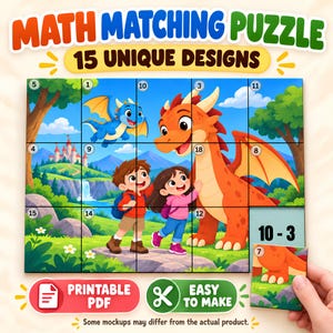 May include: A maths matching puzzle featuring 15 unique designs with a colourful illustration of a boy, a girl, and a large orange dragon in a landscape. The puzzle includes numbered grid pieces and a separate piece showing the maths equation 10 - 3.