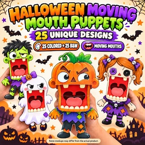 Könnte beinhalten: Halloween-Handpuppen mit beweglichem Mund in 25 einzigartigen Designs, inklusive 25 farbigen und 25 schwarz-weißen Varianten. Das Set zeigt Papierpuppen eines grünen Monsters, eines weißen Geistes, eines Kürbisses und einer violetten Puppe.