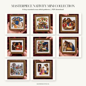 Könnte beinhalten: Eine Sammlung von acht quadratischen Zählmuster-Stickvorlagen mit dem Titel Masterpiece Nativity Mini Collection. Jedes Motiv zeigt eine andere Krippenszene mit der heiligen Familie, Engeln und Tieren, gerahmt in verzierten goldenen Rahmen.