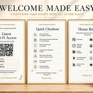 May include: Three framed informational signs with gold borders titled Welcome Made Easy. The signs provide Guest Wi-Fi Access with a QR code, Quick Checkout instructions, and House Rules for guests, all featuring black text on a white background.