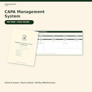 May include: A CAPA Management System digital kit featuring a document titled Supplier Corrective Action & CAPA Kit and an Excel management dashboard. The dashboard displays metrics for open CAPAs, overdue items, and status charts on a light background.