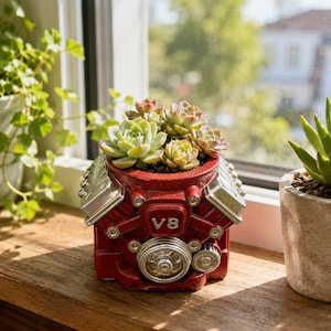 Könnte beinhalten: Ein roter V8-Motorblock-Pflanztopf mit mehreren grünen Sukkulenten. Der Pflanztopf zeigt silberfarbene Motorkomponenten, darunter Ventildeckel und eine zentrale Riemenscheibe, wobei der Text V8 auf der Vorderseite deutlich sichtbar ist.