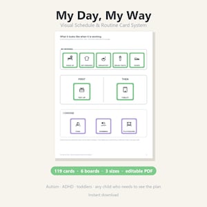 Horario visual imprimible y editable, 119 tarjetas de rutinas para niños pequeños con autismo y TDAH, horario diario para niños, tablero "Primero, luego", guía para padres