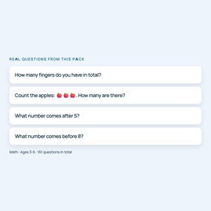 May include: A set of four white rectangular cards featuring math questions for children. The text reads: Real questions from this pack, How many fingers do you have in total?, Count the apples: 🍎🍎🍎. How many are there?, What number comes after 5?, What number comes before 8?, Math · Ages 3-6 · 161 questions in total.