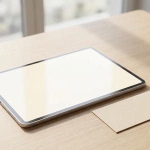 Può includere: Un tablet rettangolare con uno schermo vuoto e chiaro è appoggiato su una superficie in legno. Accanto al tablet si trovano un piccolo cartoncino rettangolare, una tazza in ceramica bianca con un liquido scuro e una piccola pianta succulenta.