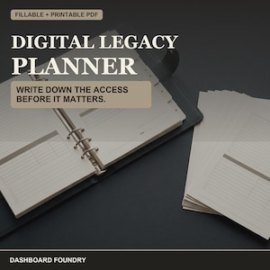 May include: A digital legacy planner in a dark binder with ring mechanisms, featuring fillable and printable PDF pages. The text reads: DIGITAL LEGACY PLANNER, WRITE DOWN THE ACCESS BEFORE IT MATTERS, and DASHBOARD FOUNDRY. Includes loose sheets.