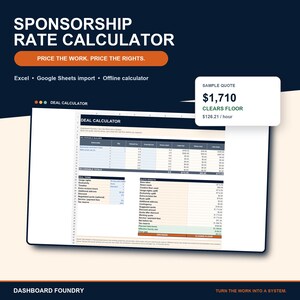 Peut inclure: Une interface de tableur pour calculateur de taux de parrainage avec un en-tête bleu foncé portant le texte Sponsorship Rate Calculator et Price the Work. Price the Rights. Une boîte de devis affiche $1,710 Clears Floor et $126.21 / hour.