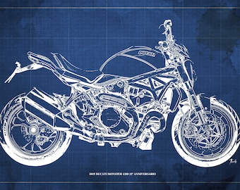 Ducati Monster 1200 Anniversario Blueprint, Motorcycle Art Print,Unique Wall Art