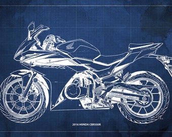 2016 Honda CBR500R Blueprint,Art Print 14x9.60 to 60x41in,Bike Art print,gift for husband,garage decor,office decor,Gift for bikers