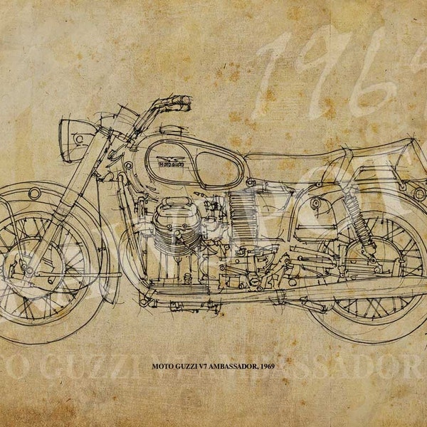 Moto Guzzi V7 Ambassador 1969 Print, Handmade Motorcycle Drawing