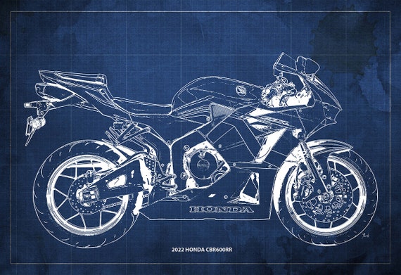 2022 Honda CBR600RR Motorcycle Blueprint Art Print, Garage Decor