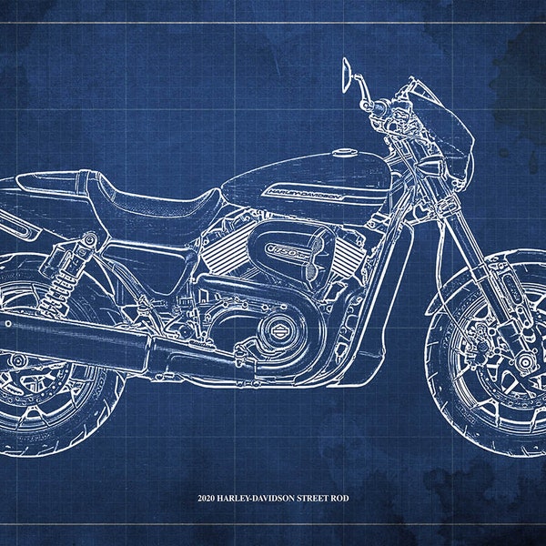 2020 Harley Davidson Street Rod Blueprint,Art Print 14x9.60 to 60x41in,Bike Art print,gift for husband,garage decor,office decor man cave